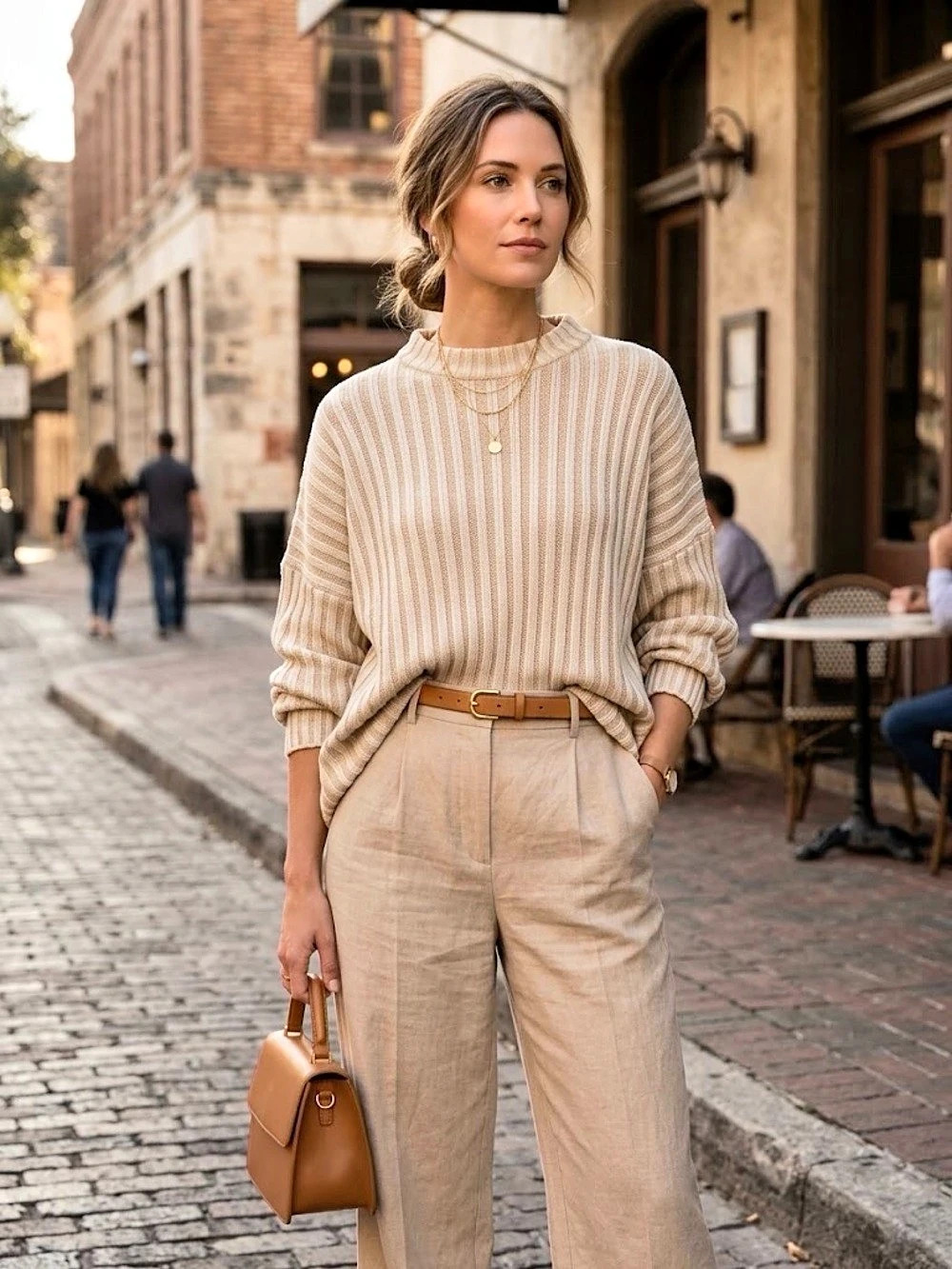 Urban Outfitters Beige Ribbed Knit Crew Neck Sweater 3/4 Sleeve Relaxed Casual M